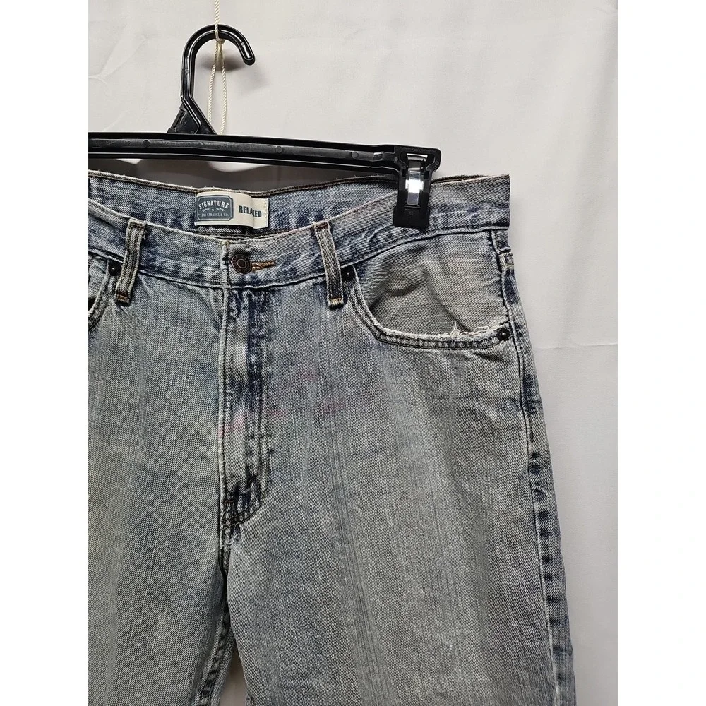 Levi Strauss Signature Men Blue Relaxed Fit Distressed Classic Denim Jeans 36x30